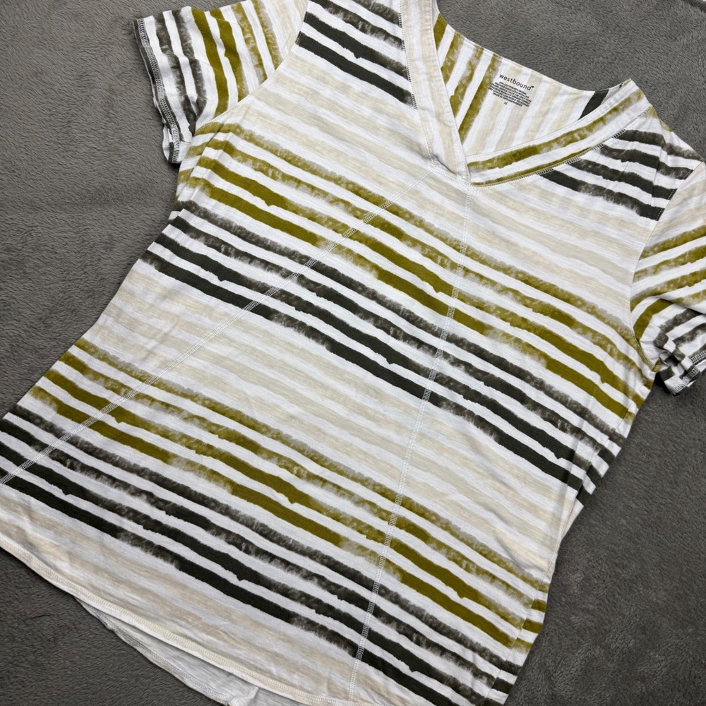 Westbound V-Neck Top Womens XL Green Striped Excellent Cotton Modal Short Sleeve